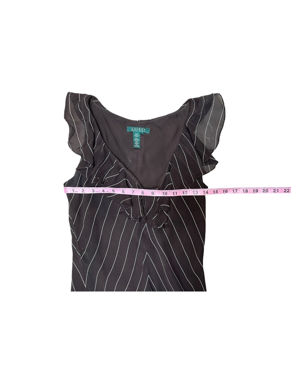 Lauren Ralph Lauren 100% Silk Ruffle Dress Brown Pinstripe Sleeveless Size 6 - Picture 5 of 9